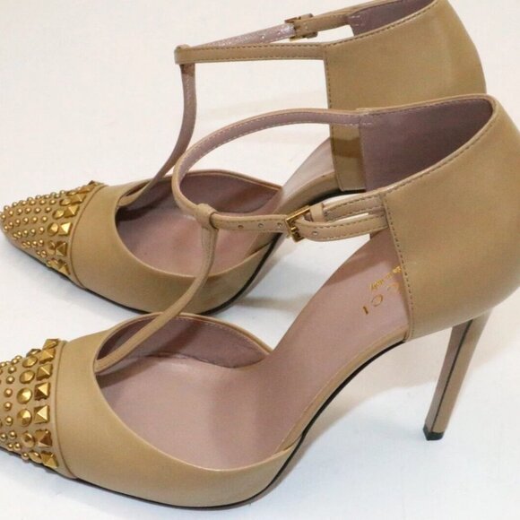 Gucci Leather Coline Studded T Strap Pumps IT 37 US 7 - Beige - Picture 10 of 15